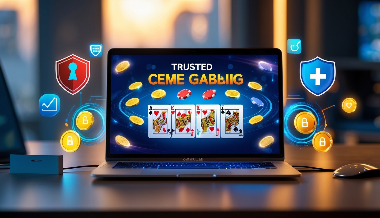 Seorang pengguna duduk di depan laptop yang menampilkan permainan kartu digital Ceme dengan simbol keamanan di sekitar layar.