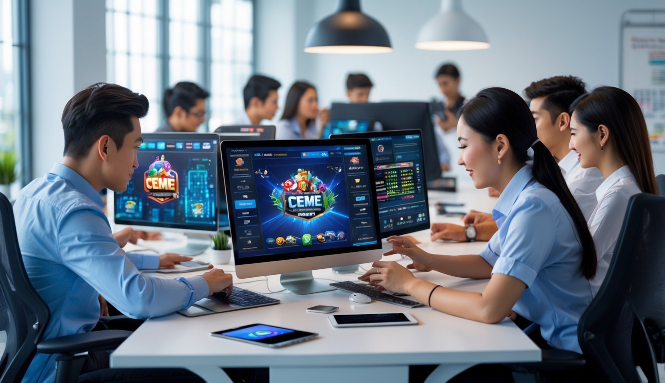 Sekelompok orang muda sedang menggunakan komputer dan perangkat digital di kantor modern untuk bermain permainan kartu online Ceme secara resmi.