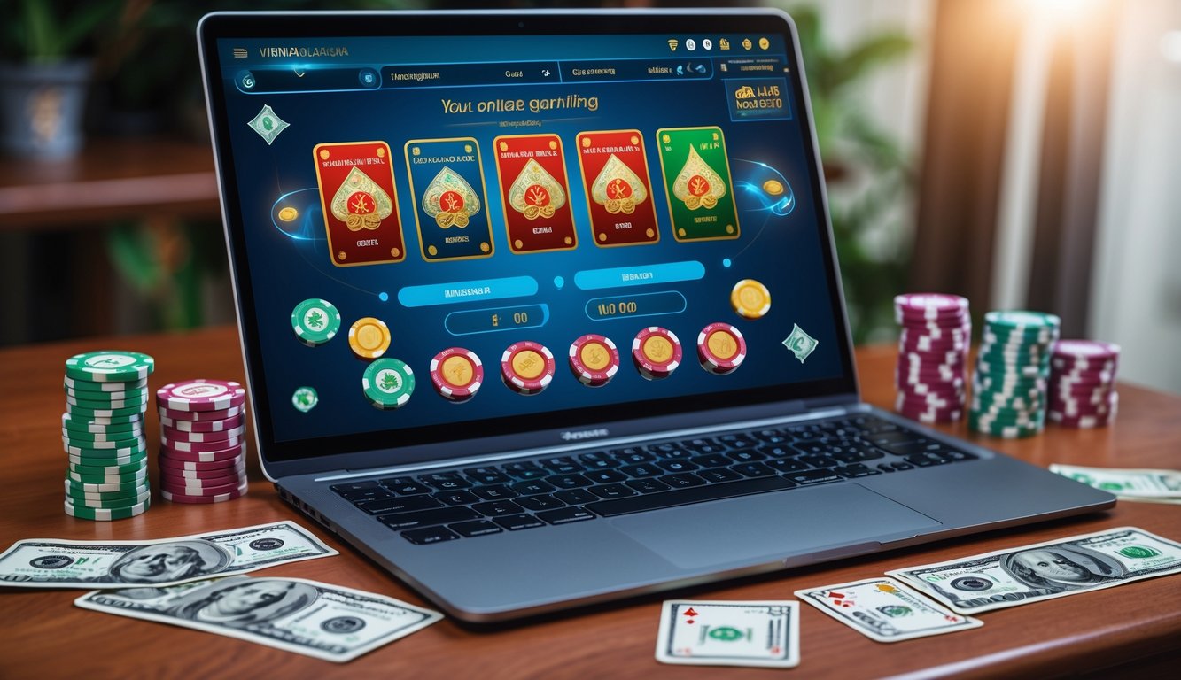 Seorang pemain menggunakan laptop dengan permainan kartu tradisional Indonesia dan uang rupiah di atas meja kayu.