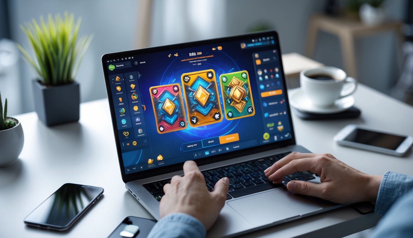 Seseorang sedang bermain permainan kartu online di laptop di meja kerja yang rapi.