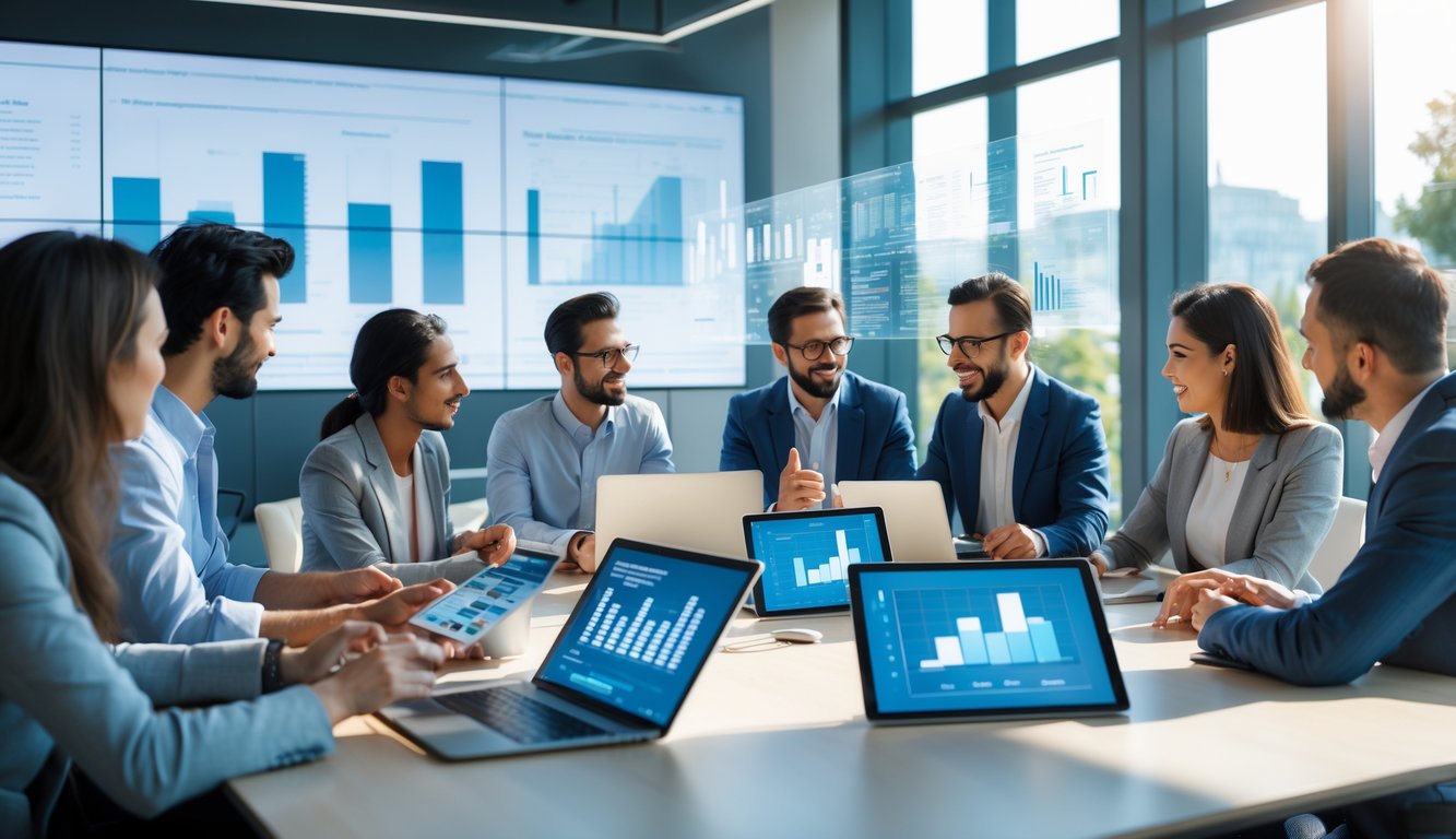 Sekelompok orang sedang berdiskusi di ruang kantor modern dengan perangkat digital di meja.