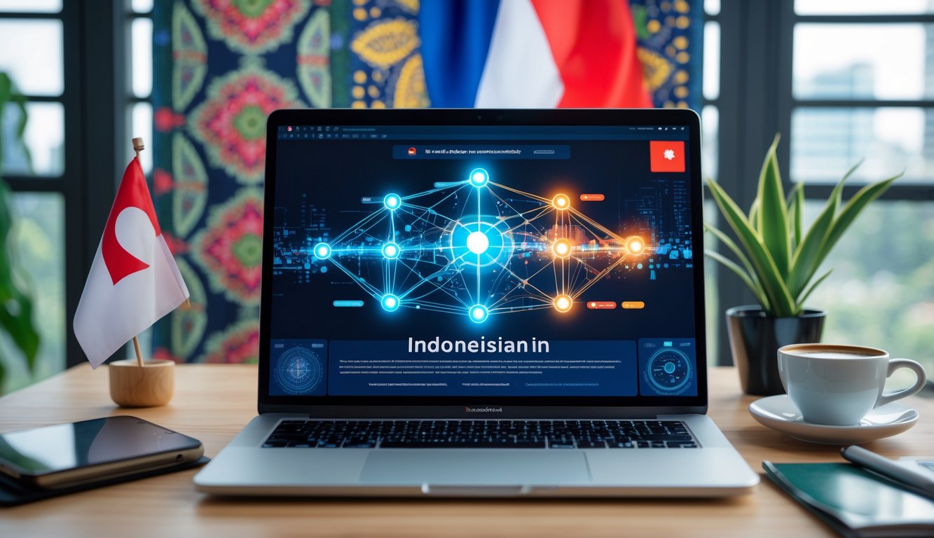 Meja kerja modern dengan laptop yang menampilkan antarmuka digital, bendera Indonesia kecil, dan tanaman hias kecil.
