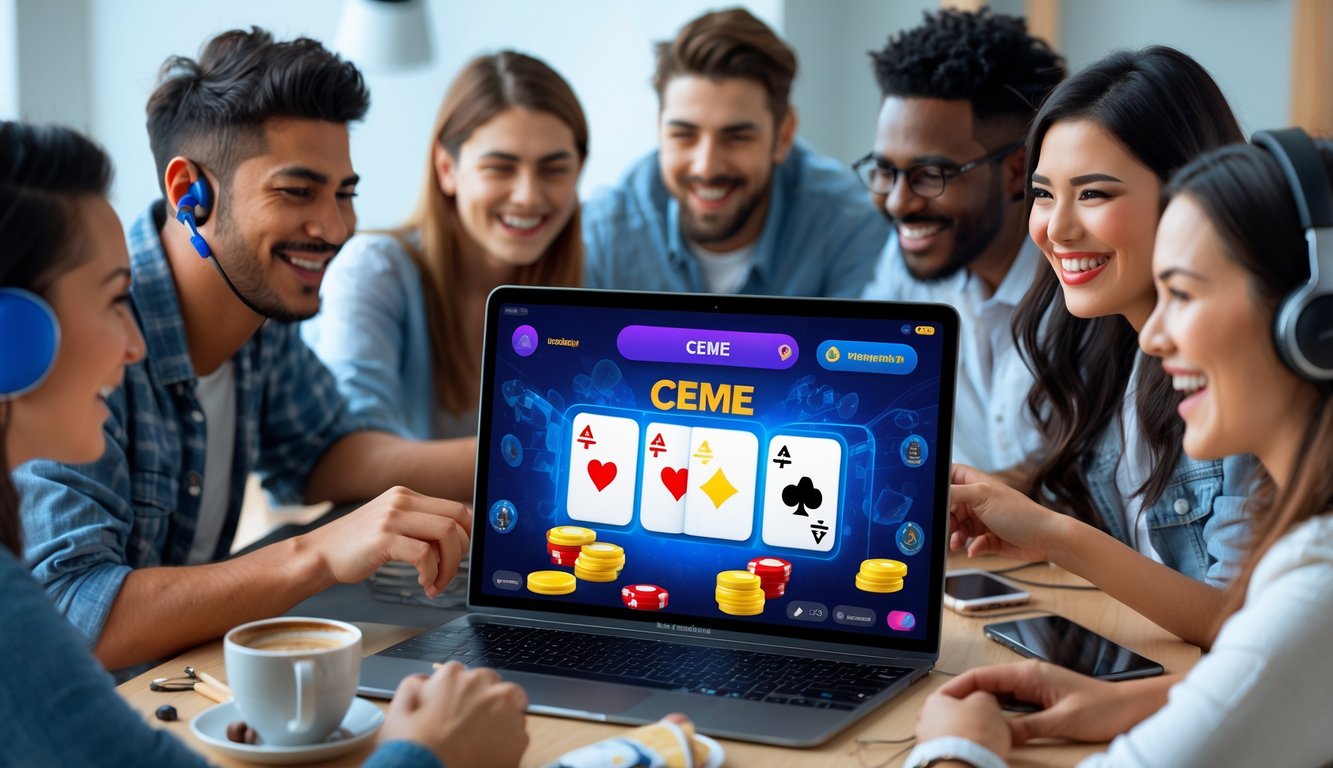 Sekelompok orang muda bermain permainan Ceme online dengan perangkat digital di meja, terlihat fokus dan senang.