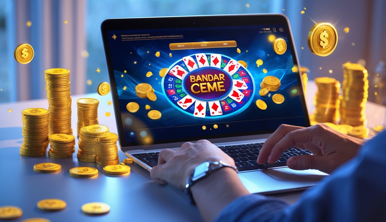 Seseorang bermain Bandar Ceme online menggunakan perangkat digital dengan kartu dan chip di layar.