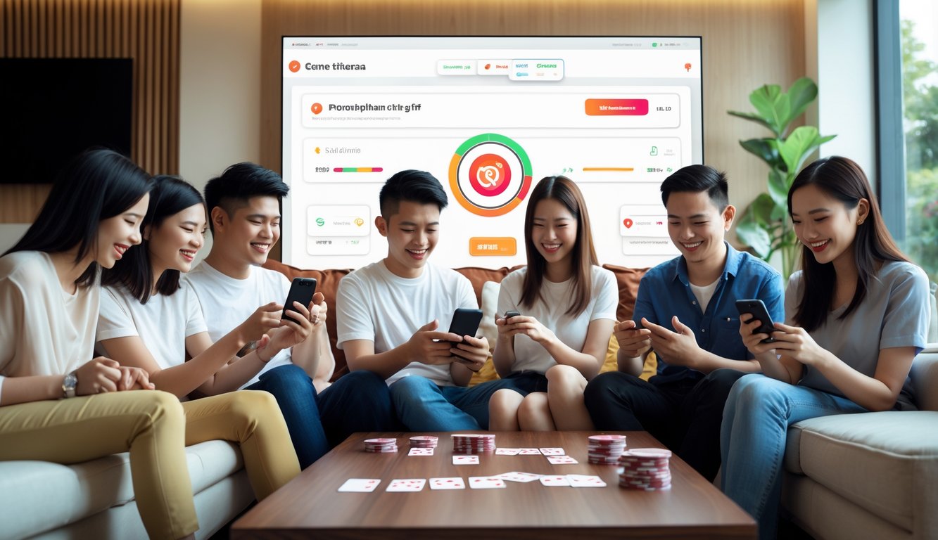 Beberapa orang muda sedang bermain game kartu online dengan santai di ruang tamu modern.