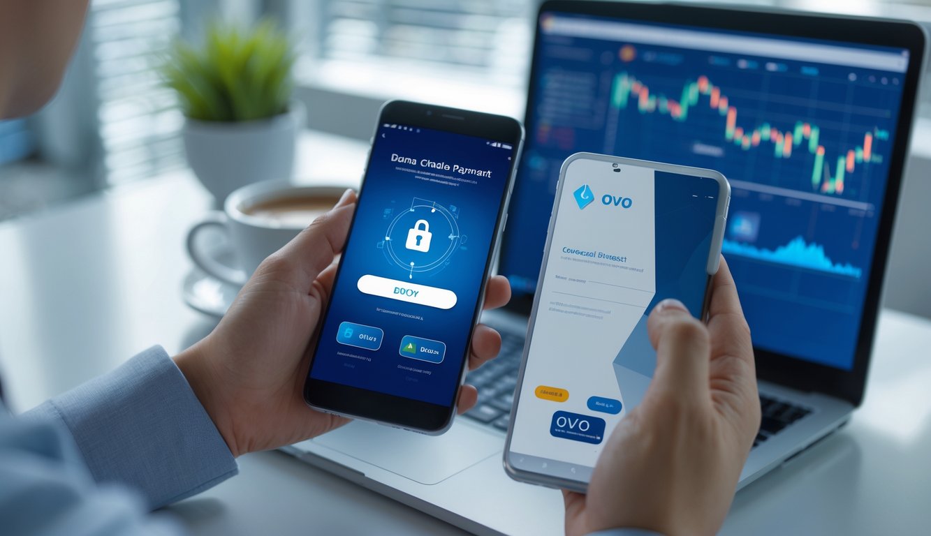 Seseorang memegang ponsel yang menampilkan antarmuka pembayaran digital dengan latar belakang ruang kerja modern.