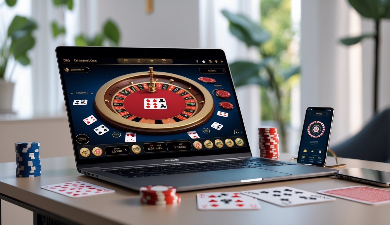 Seseorang sedang bermain baccarat online di komputer dengan kartu dan chip di layar, di meja yang rapi di dalam ruangan yang terang.