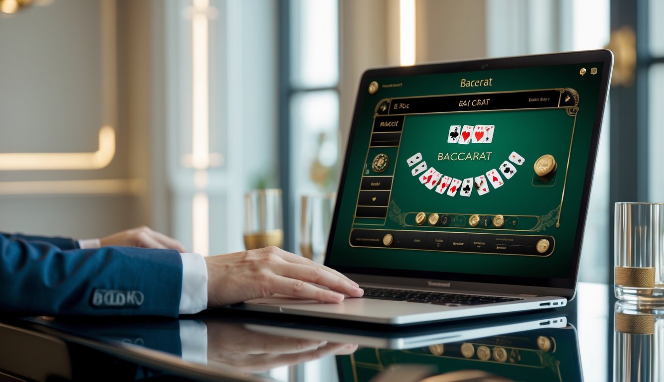 Sebuah meja kerja dengan komputer yang menampilkan permainan baccarat online, suasana tenang dan profesional.