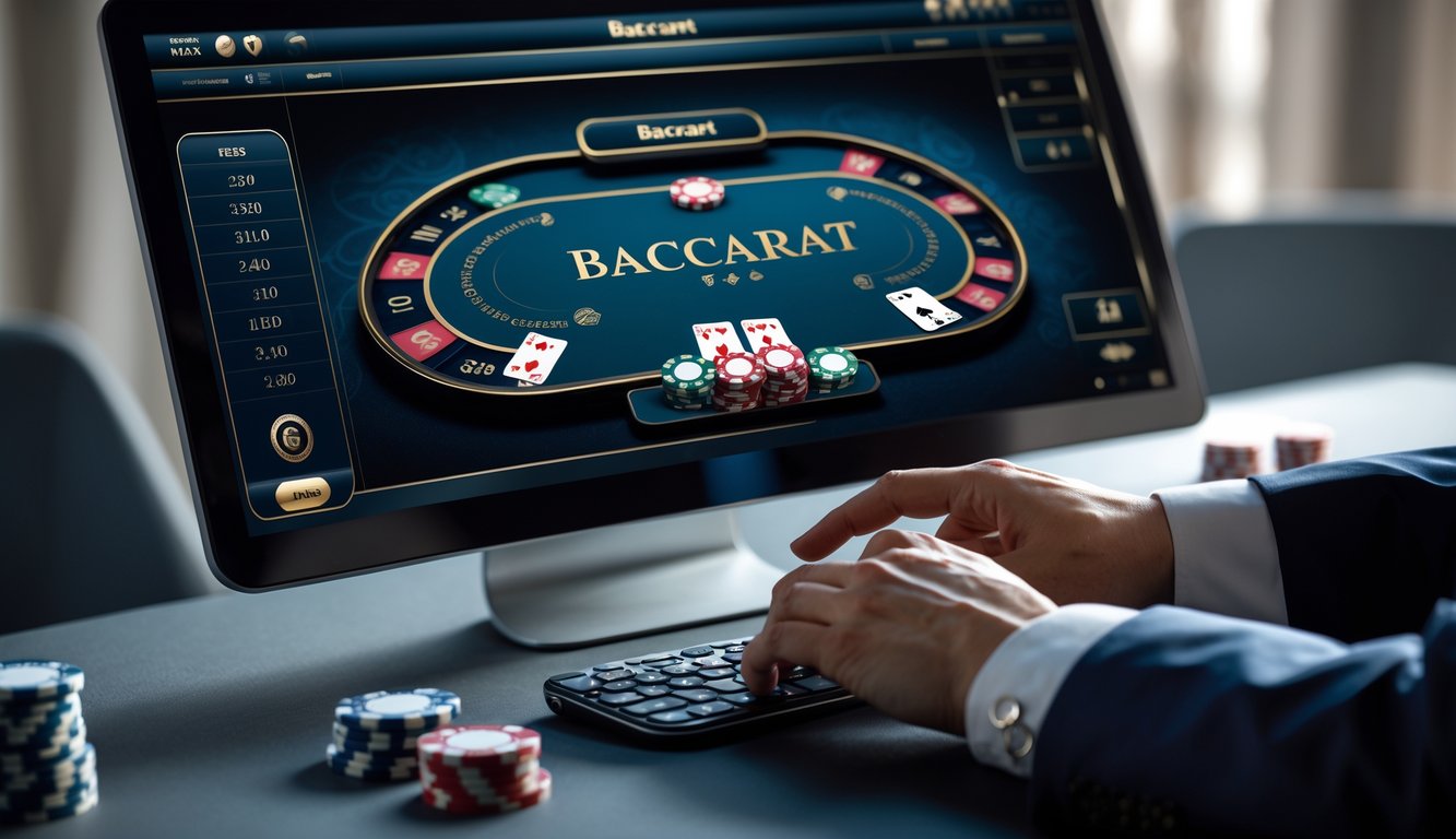 Seseorang sedang bermain permainan baccarat online di depan layar komputer dengan kartu dan chip terlihat jelas.