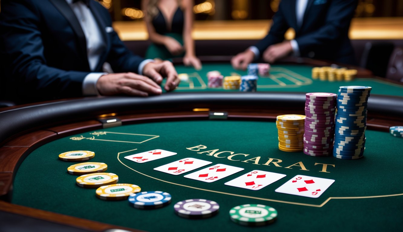 Meja permainan baccarat dengan kartu dan tumpukan chip uang asli di kasino mewah dengan pemain dan dealer di latar belakang.