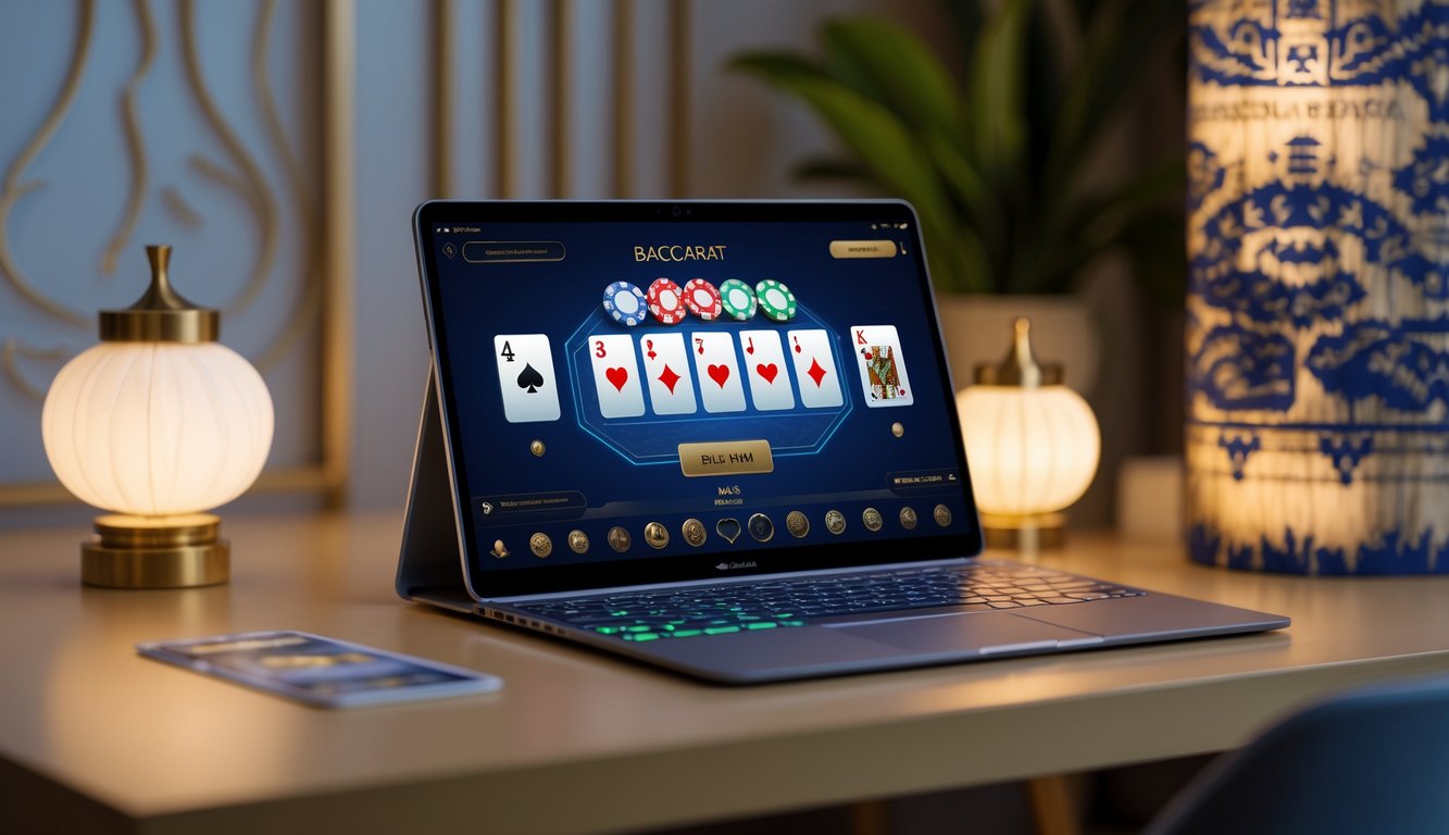 Seseorang bermain permainan baccarat online di laptop dengan latar belakang dekorasi batik di ruangan yang rapi dan terang.
