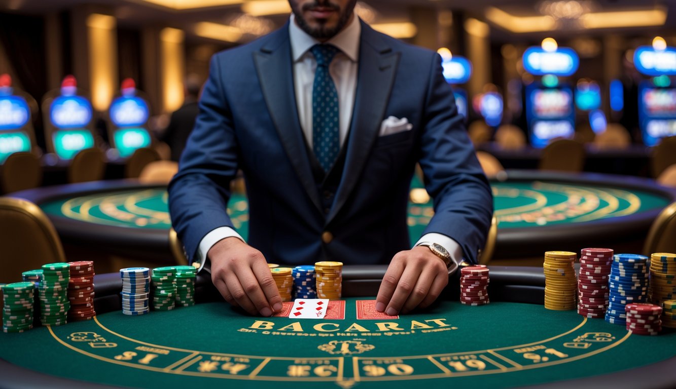 Seorang dealer berjubah resmi sedang membagikan kartu di meja baccarat yang mewah dengan tumpukan chip berwarna-warni di kasino yang elegan.