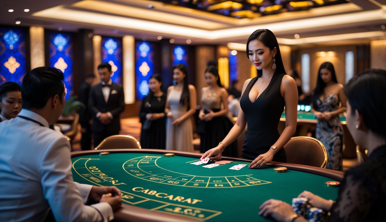 Seorang dealer wanita sedang membagikan kartu di meja baccarat dengan pemain yang duduk mengelilingi meja di dalam kasino mewah di Indonesia.