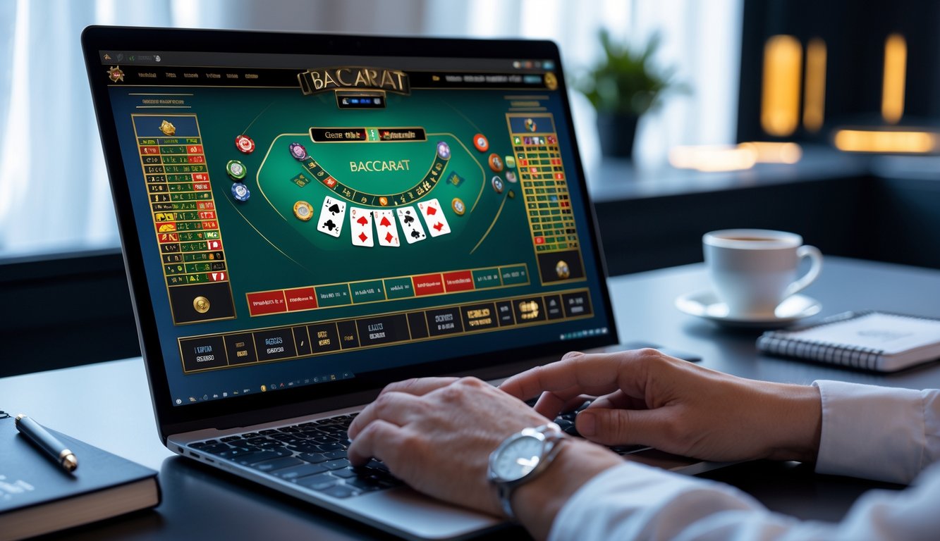 Seseorang sedang bermain baccarat online di komputer dengan kartu dan chip taruhan di layar, di meja terdapat buku catatan dan kopi.