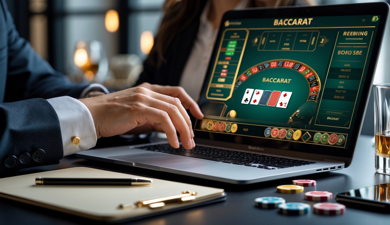 Seorang pria menggunakan laptop dengan permainan baccarat online yang terlihat di layar, di meja terdapat gelas minuman dan ponsel.