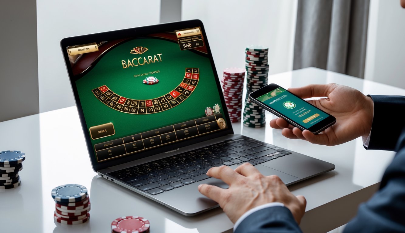 Seseorang menggunakan laptop dan ponsel untuk bermain baccarat online dengan tumpukan chip poker di meja.