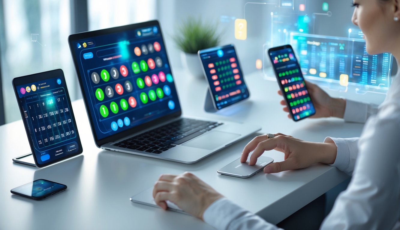 Seorang profesional sedang menggunakan perangkat digital di meja kerja modern dengan tampilan angka lotre dan grafik di layar.