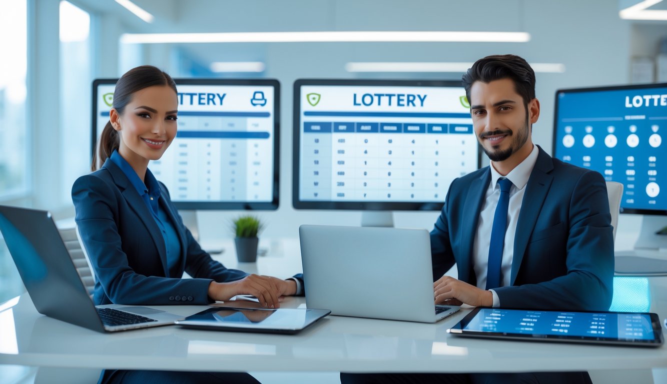 Seorang pria dan wanita duduk di meja dengan perangkat digital menampilkan angka togel, di ruang kantor yang terang dan modern dengan elemen keamanan terlihat di layar.
