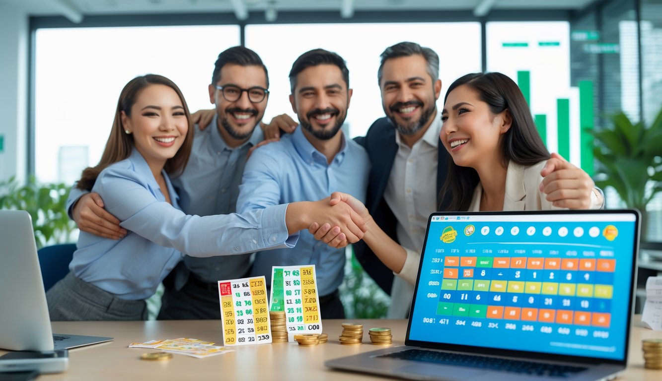 Orang-orang di kantor modern merayakan kemenangan besar lotere dengan senyum dan berjabat tangan.
