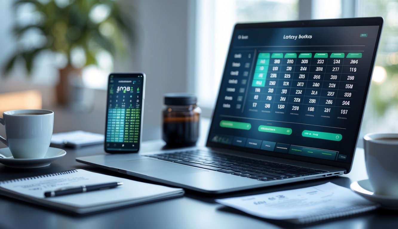 Sebuah ruang kerja modern dengan laptop yang menampilkan antarmuka digital angka dan grafik, dikelilingi oleh ponsel, cangkir kopi, dan buku catatan di atas meja.