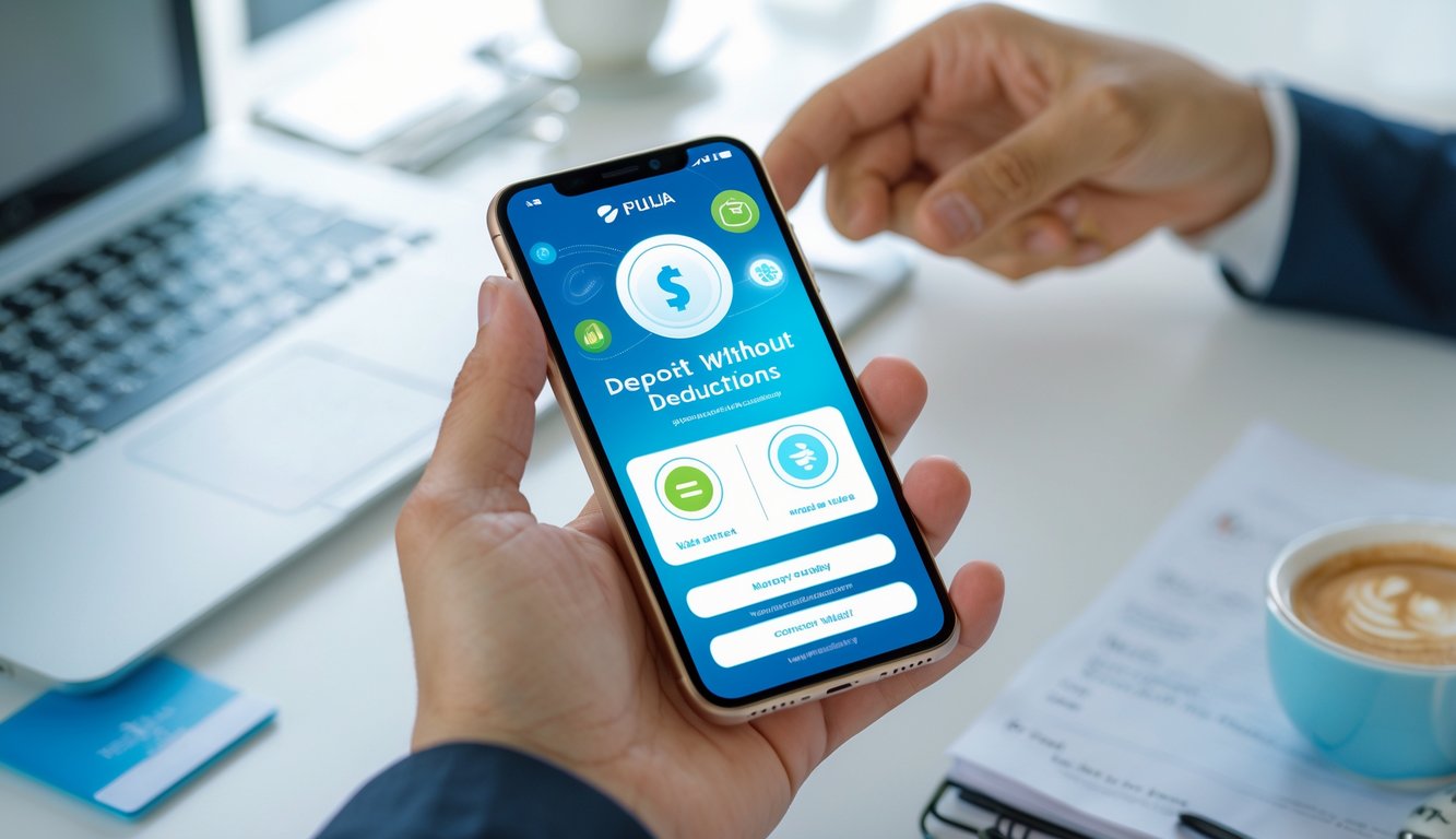 Seseorang memegang smartphone yang menampilkan aplikasi pembayaran digital di meja kerja dengan laptop dan cangkir kopi.