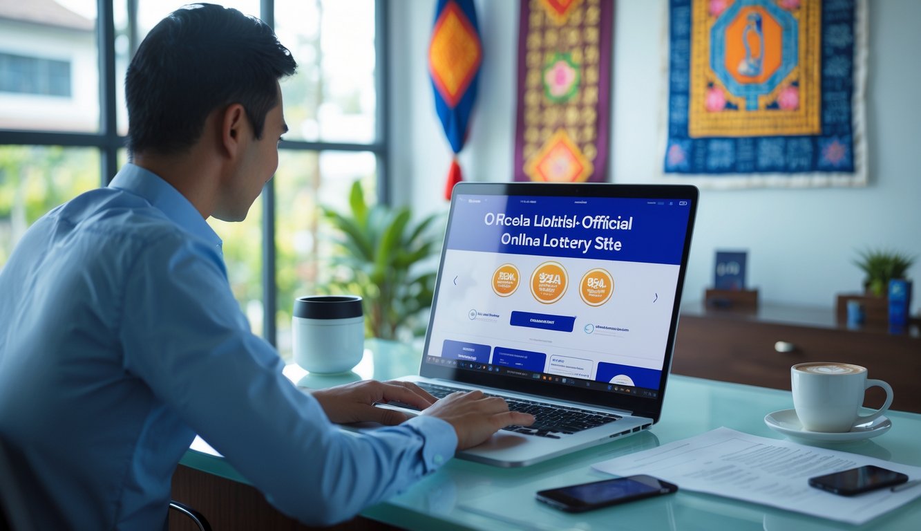 Seseorang sedang menggunakan laptop di kantor modern dengan dekorasi batik di latar belakang, menunjukkan suasana kerja yang profesional dan fokus.