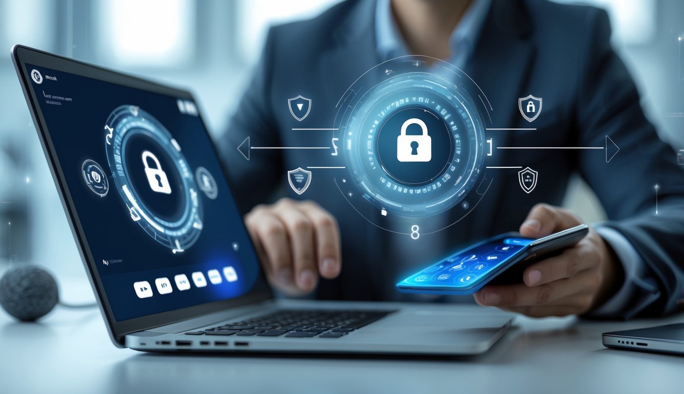 Seseorang menggunakan laptop dan ponsel di meja kerja modern dengan ikon keamanan digital di latar belakang.