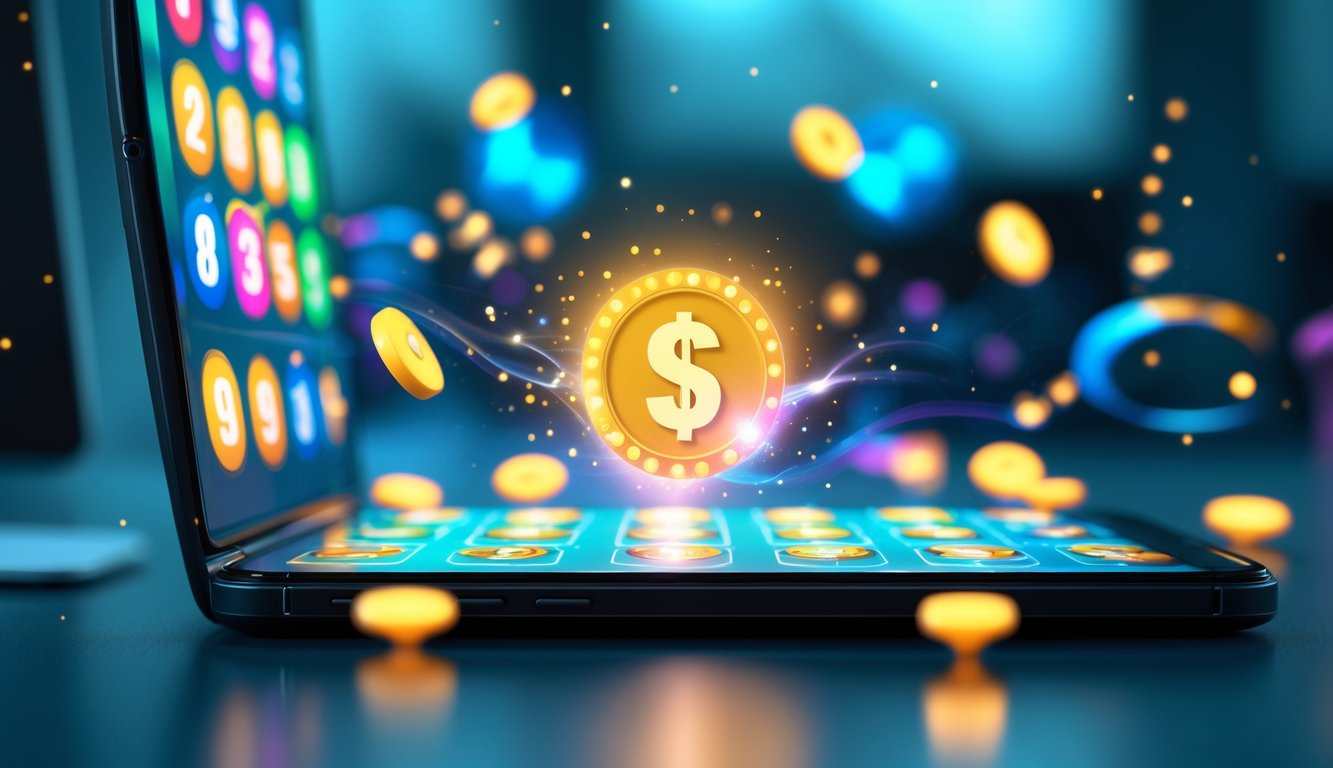 Sebuah layar perangkat digital menampilkan antarmuka permainan lotere online dengan simbol bonus dan efek cahaya warna-warni.