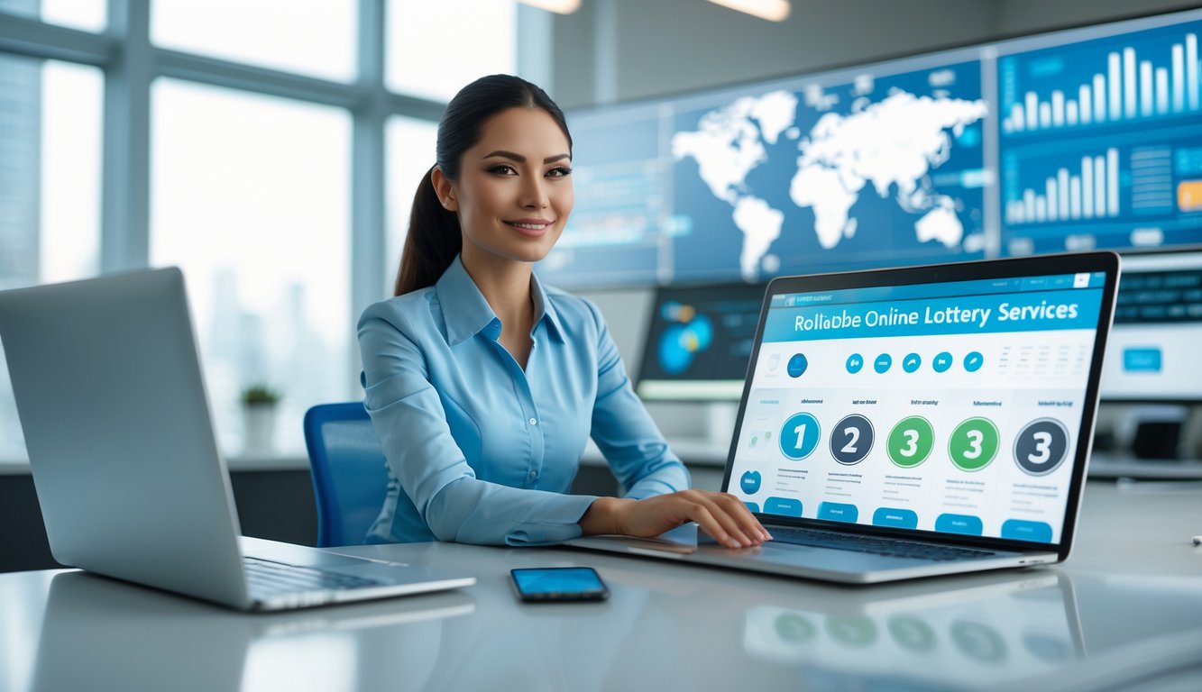 Seorang wanita profesional duduk di meja kerja dengan laptop dan ponsel, menampilkan grafik terkait layanan togel online, di dalam kantor modern.