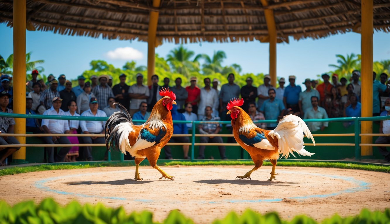 Suasana arena sabung ayam dengan dua ayam bertarung di tengah dan penonton yang memperhatikan dengan serius.