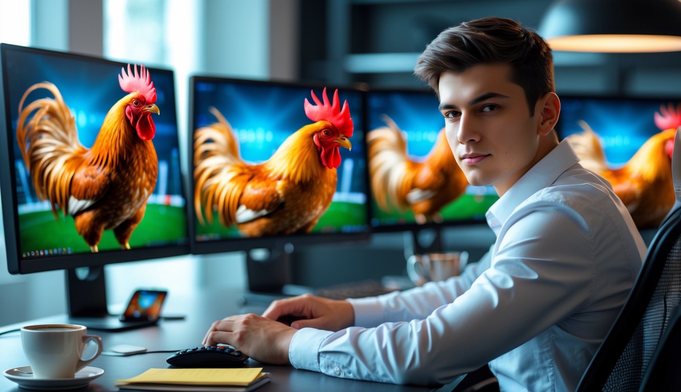 Seorang pria muda duduk di depan komputer dengan layar menampilkan grafik ayam jago dalam arena virtual, di sebuah kantor modern.