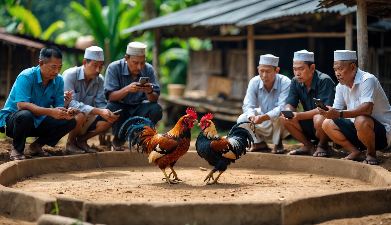 Sekelompok pria sedang menyaksikan sabung ayam di arena terbuka di desa dengan latar belakang pepohonan dan bangunan kayu sederhana.