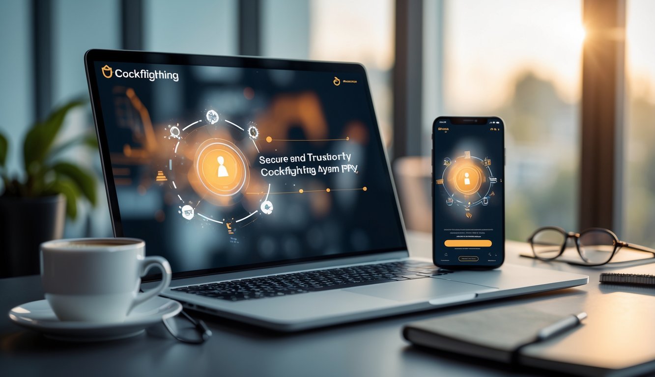 Seorang pria menggunakan laptop dan smartphone di meja kerja modern dengan latar belakang yang nyaman.