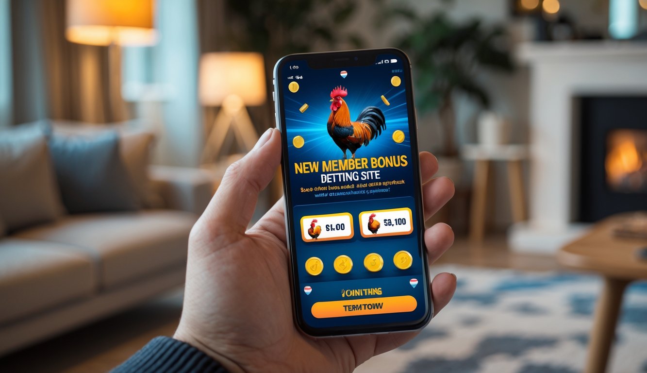 Seorang pria memegang ponsel dengan layar menampilkan antarmuka aplikasi taruhan sabung ayam, duduk di ruang tamu yang nyaman dengan pencahayaan hangat.
