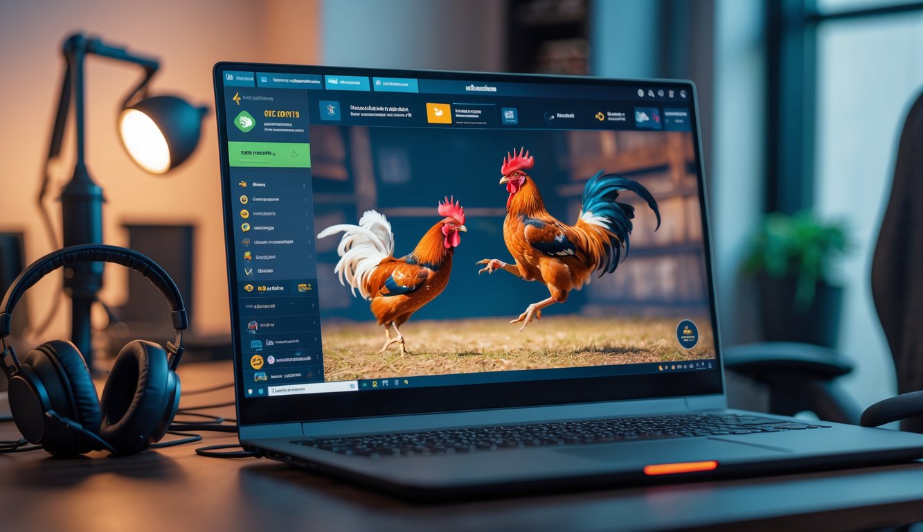Sebuah ruangan dengan komputer menampilkan pertandingan sabung ayam secara online dengan gambar ayam jago sedang bertarung di layar.
