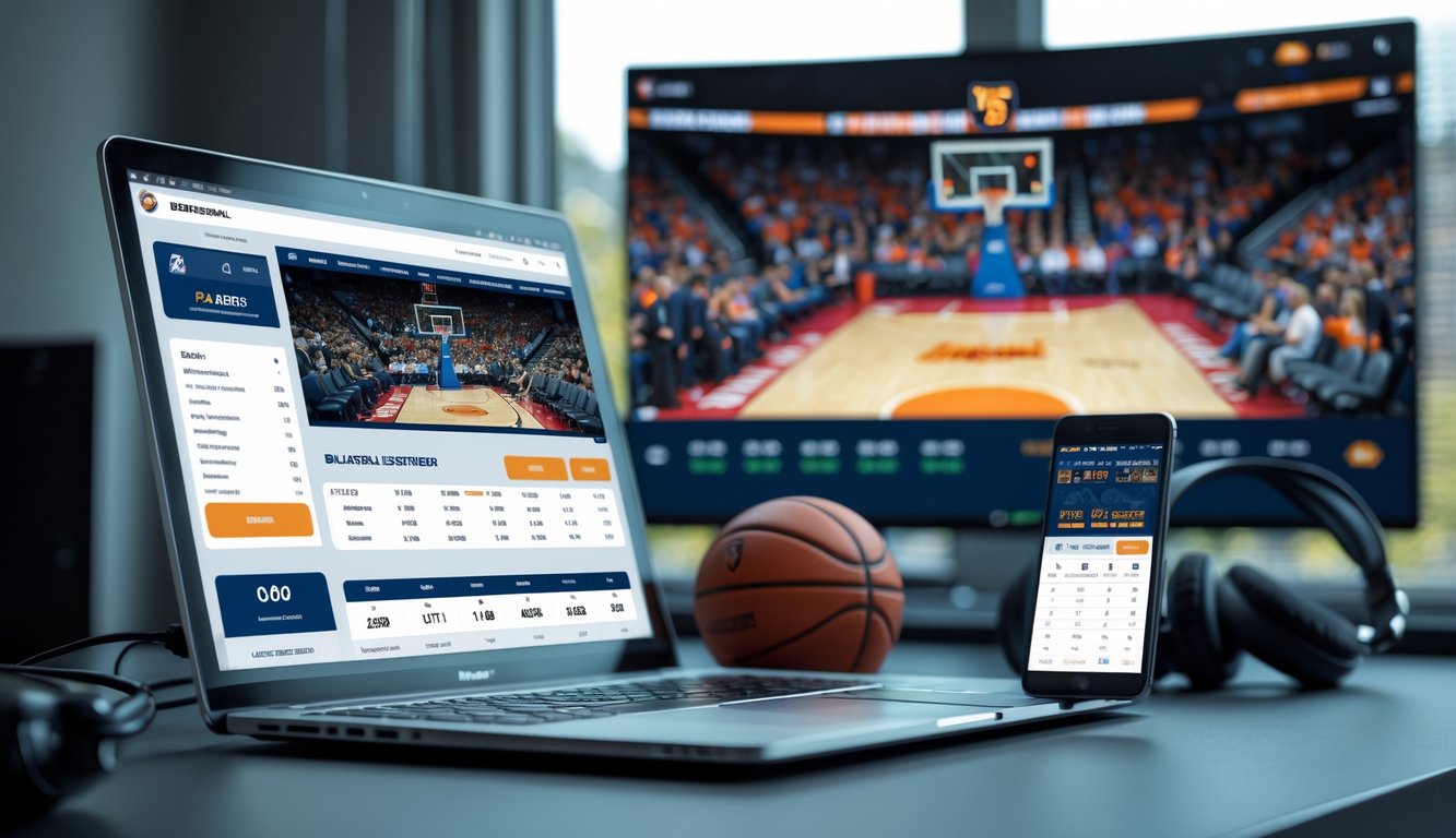 Seseorang menggunakan laptop dan ponsel untuk memasang taruhan pada pertandingan bola basket yang sedang berlangsung di layar televisi.