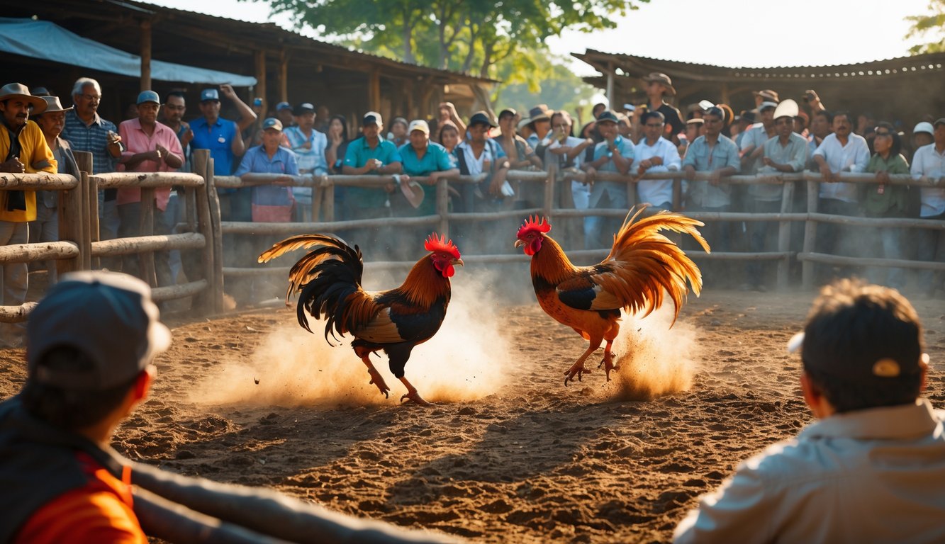 Arena sabung ayam tradisional dengan dua ayam bertarung dan penonton yang antusias di sekitarnya.