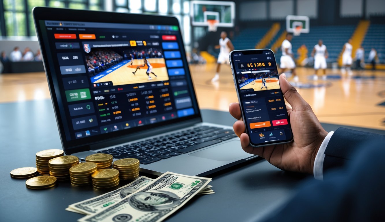 Seseorang menggunakan laptop dan ponsel untuk memasang taruhan pada pertandingan bola basket, dengan uang nyata di atas meja dan lapangan bola basket terlihat di latar belakang.