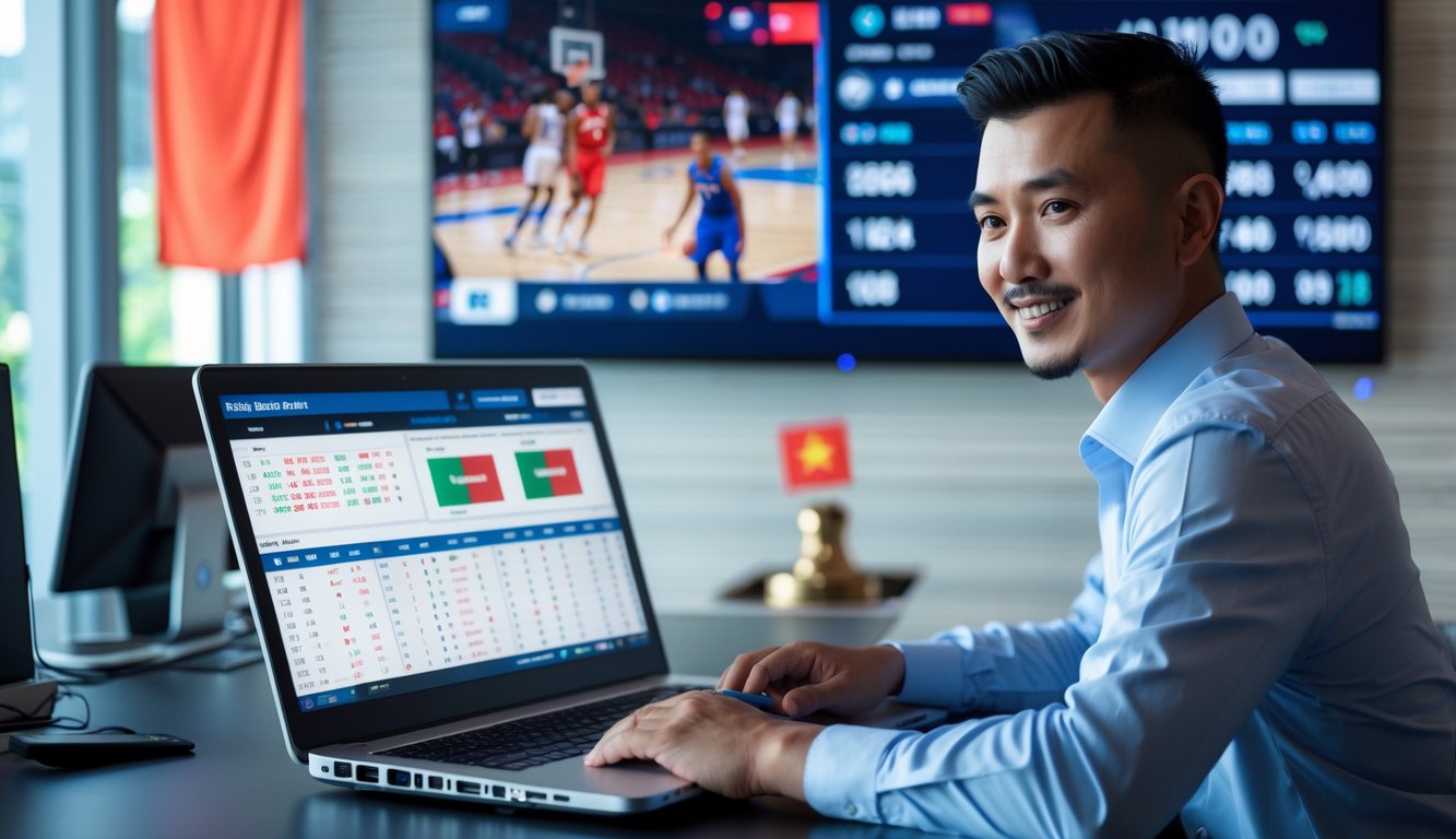 Seorang pria Indonesia di kantor modern sedang menggunakan laptop dengan layar menampilkan statistik dan pertandingan bola basket yang sedang berlangsung.