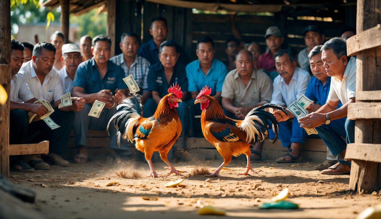 Dua ayam jago sedang bertarung di arena kayu dengan beberapa pria dewasa mengamati dan memegang uang tunai.