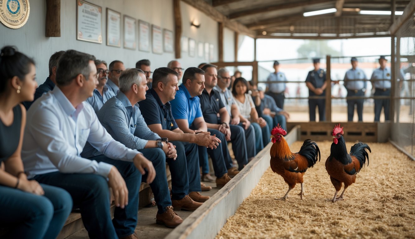 Sejumlah orang menonton pertarungan ayam dalam arena tertutup yang aman dan resmi.