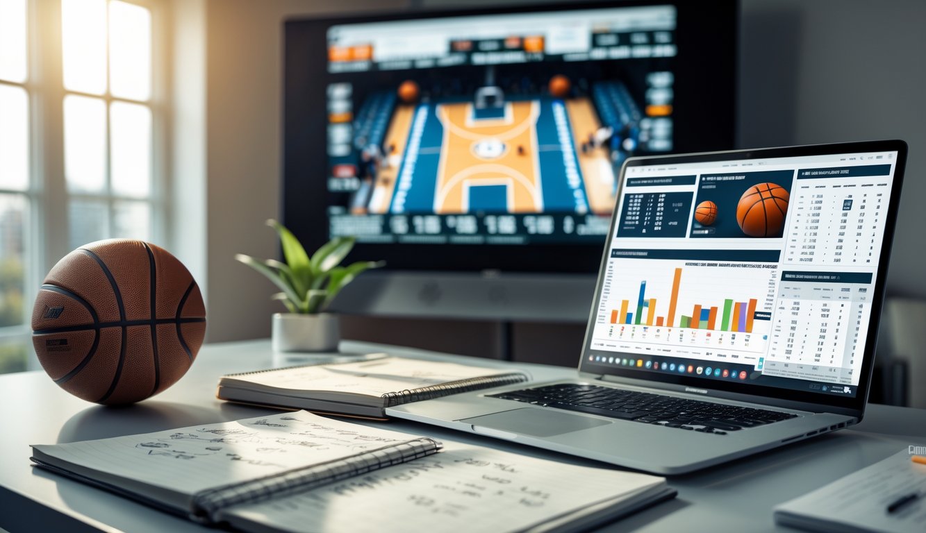 Meja kerja dengan laptop menampilkan statistik bola basket, bola basket di samping, dan catatan tulisan tangan di notebook.