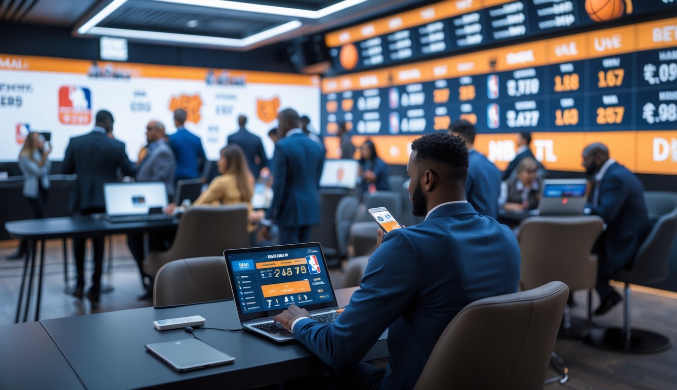 Beberapa orang sedang memasang taruhan NBA menggunakan perangkat elektronik di ruangan modern dengan layar besar menampilkan statistik dan skor pertandingan.