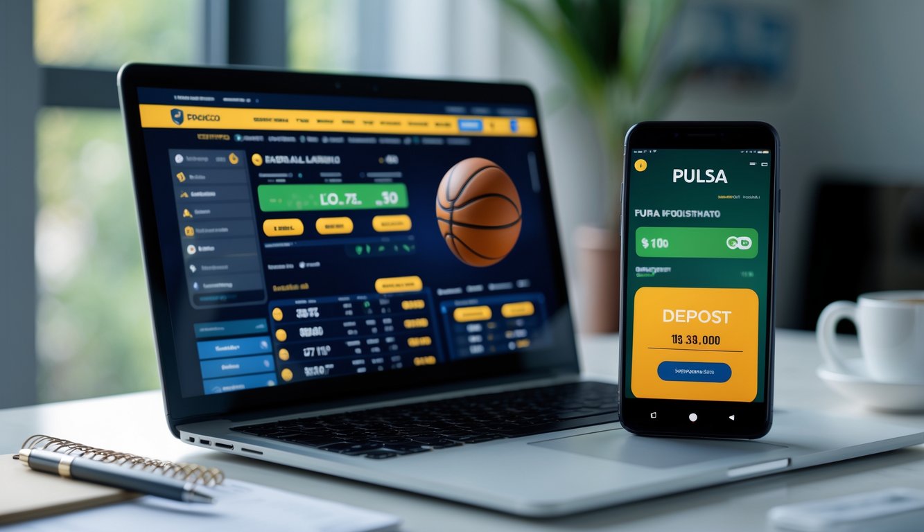 Meja kerja dengan laptop yang menampilkan situs taruhan bola basket dan ponsel yang menunjukkan aplikasi pembayaran pulsa.