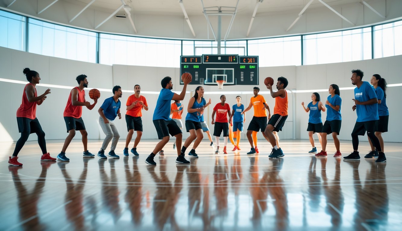 Sekelompok orang muda bermain basket di lapangan basket dalam ruangan dengan pencahayaan terang.