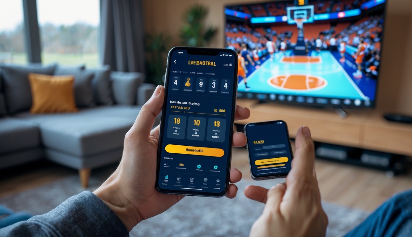 Seseorang memegang ponsel yang menampilkan aplikasi taruhan bola basket langsung dengan pertandingan bola basket yang sedang berlangsung di latar belakang.