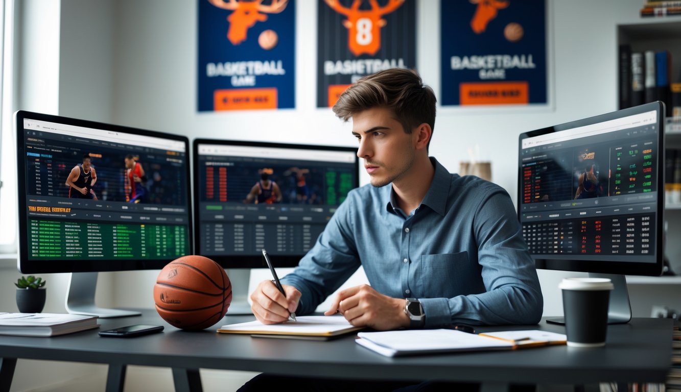 Seorang pria muda duduk di meja dengan beberapa layar komputer yang menampilkan statistik dan rekaman pertandingan bola basket, sambil mencatat dengan serius.