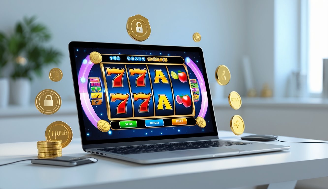 Sebuah laptop di meja dengan tampilan permainan slot warna-warni yang menunjukkan simbol klasik, di ruang kerja yang terang dan rapi.