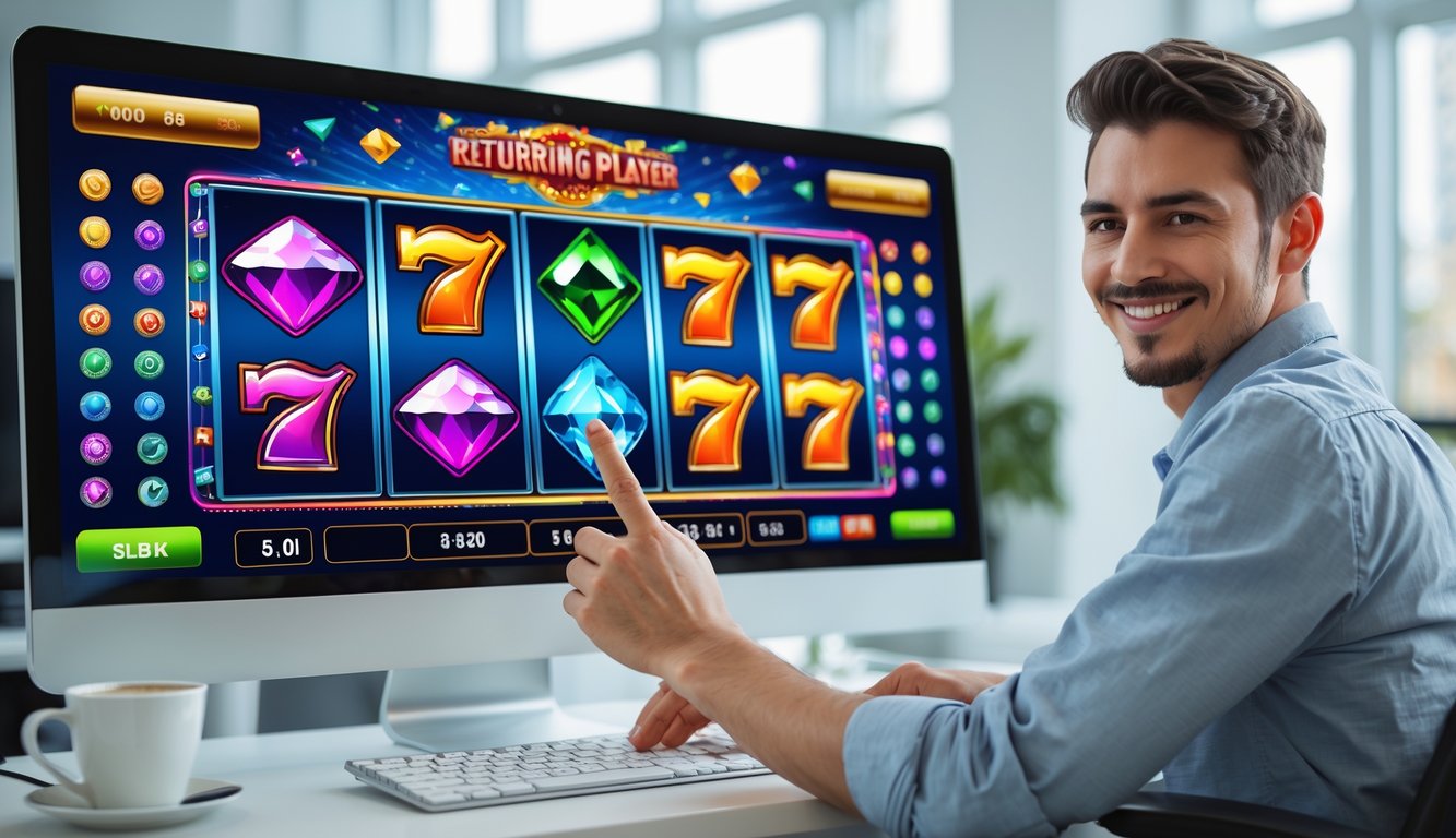 Seseorang menggunakan komputer dengan tampilan mesin slot online berwarna-warni di layar dalam ruangan kantor yang terang.