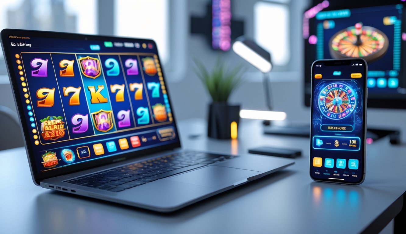 Meja kerja modern dengan laptop dan ponsel yang menampilkan permainan slot online, dikelilingi oleh elemen teknologi futuristik.